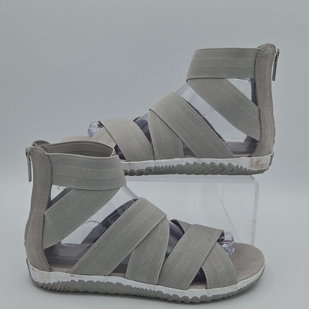 Sorel Out N About Plus Strap Sandal Womens Size 8 Gray Gladiator Back Zip Flat